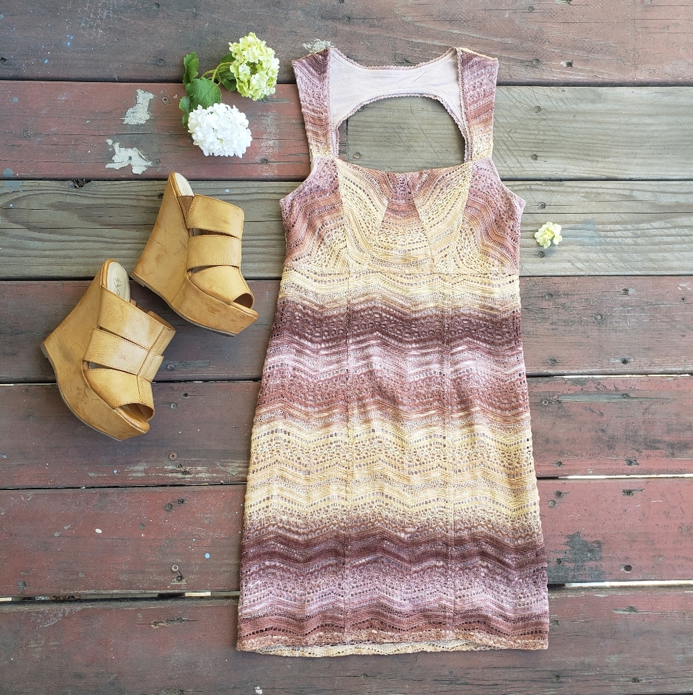 Free People Ombre Sunset Yellow Purple Lace Bodycon Mini Dress